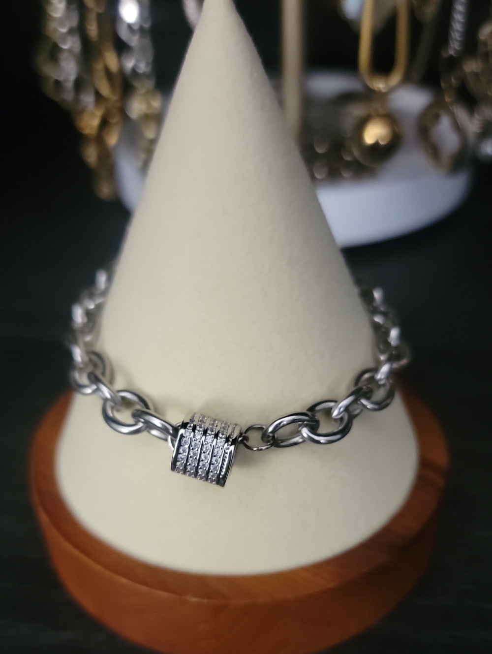 Silver Chain Bracelet with Pave Cylinder Charm